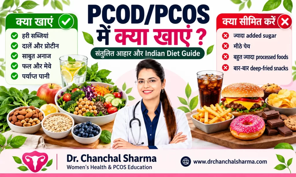 PCOD/PCOS diet chart showing healthy foods to eat and foods to limit