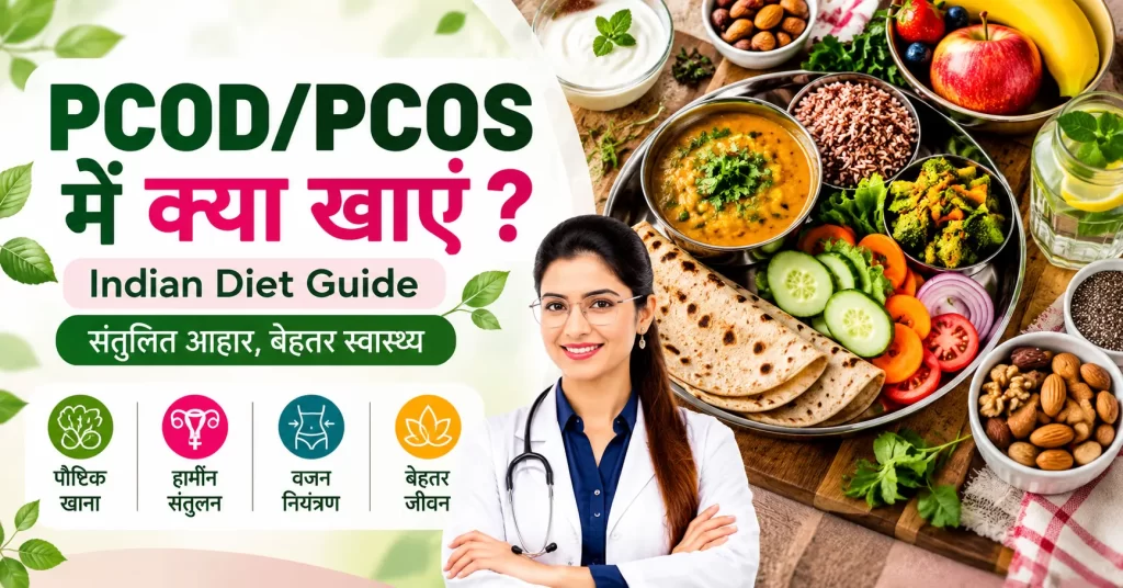 PCOD PCOS diet guide showing healthy Indian foods and a balanced diet