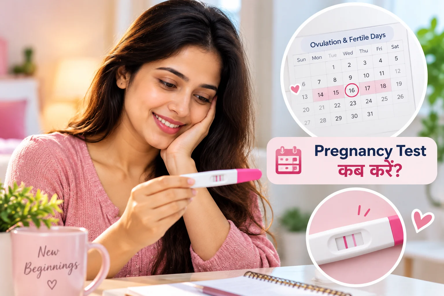 महिला के हाथ में प्रेग्नेंसी टेस्ट किट और पीरियड साइकिल कैलेंडर