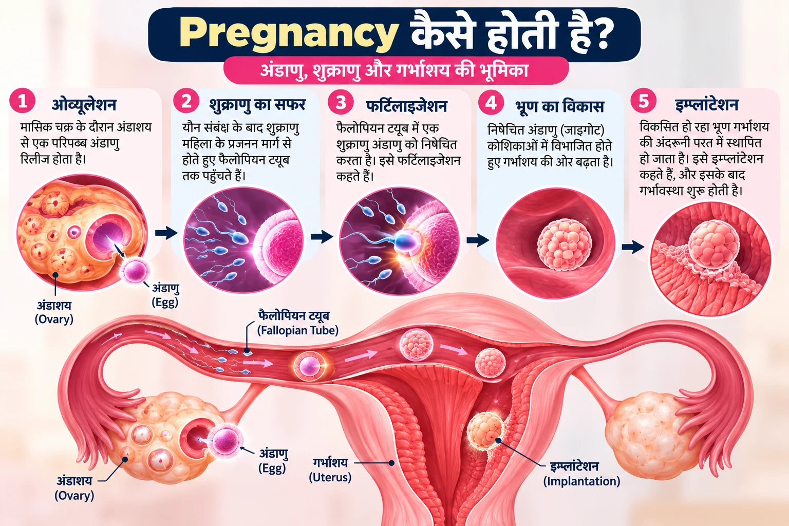 Pregnancy kaise hoti hai ovulation fertilization aur implantation ki medical illustration